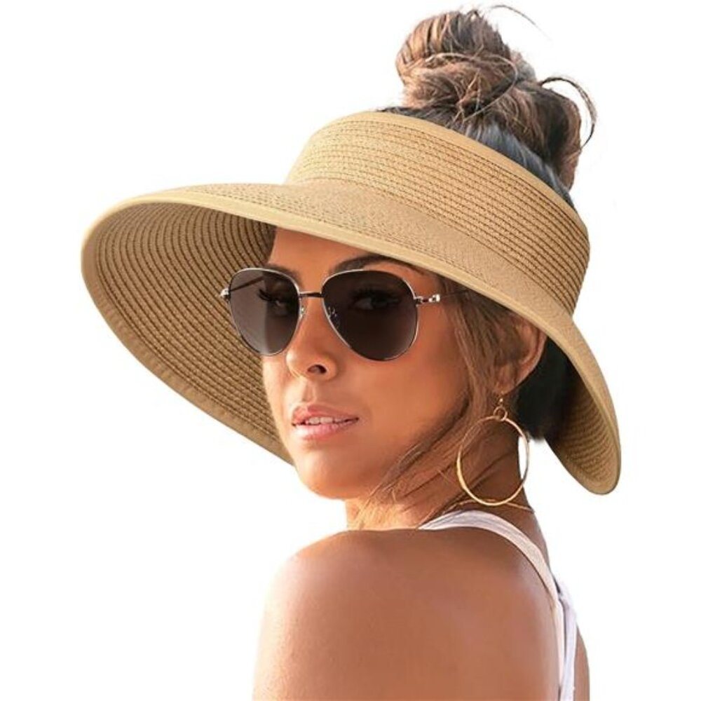 Sun Visor Hats for Women Wide Brim Straw Roll-Up Ponytail Summer Beach Hat